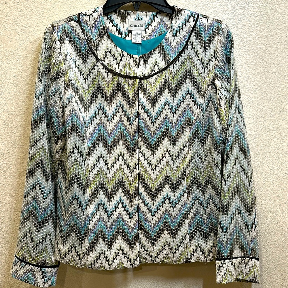 Chico‘s New Holiday sequin Kats Meow jewel jacket Seascape sz 0
